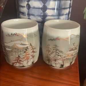 Vintage oriental Ceramic tea Cups with Scenic Design